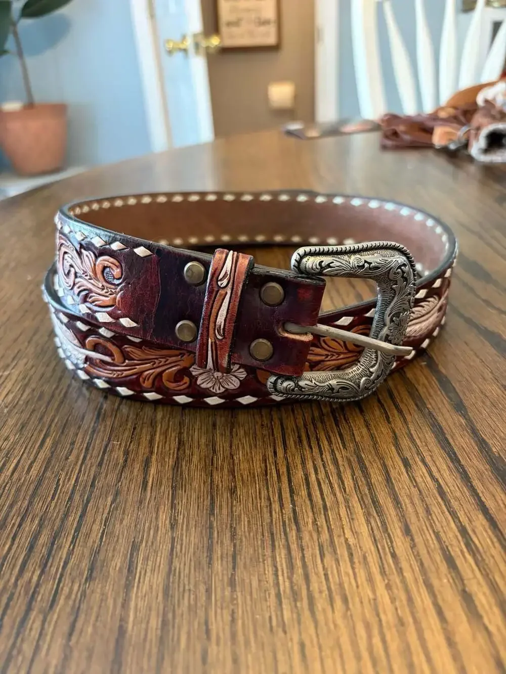 American Darling Women's Floral Tooled Leather Western Belt with Buckstitch